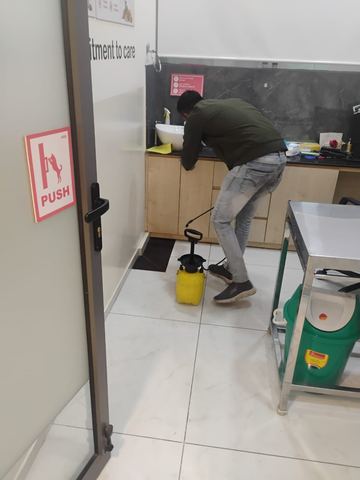 Technician treating beneath a washbasin counter at a veterinary clinic